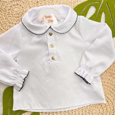 Conj. Blusa Manga Longa Gola Bordada e Salopete em Plush - Marrom e Branco Acetinado 